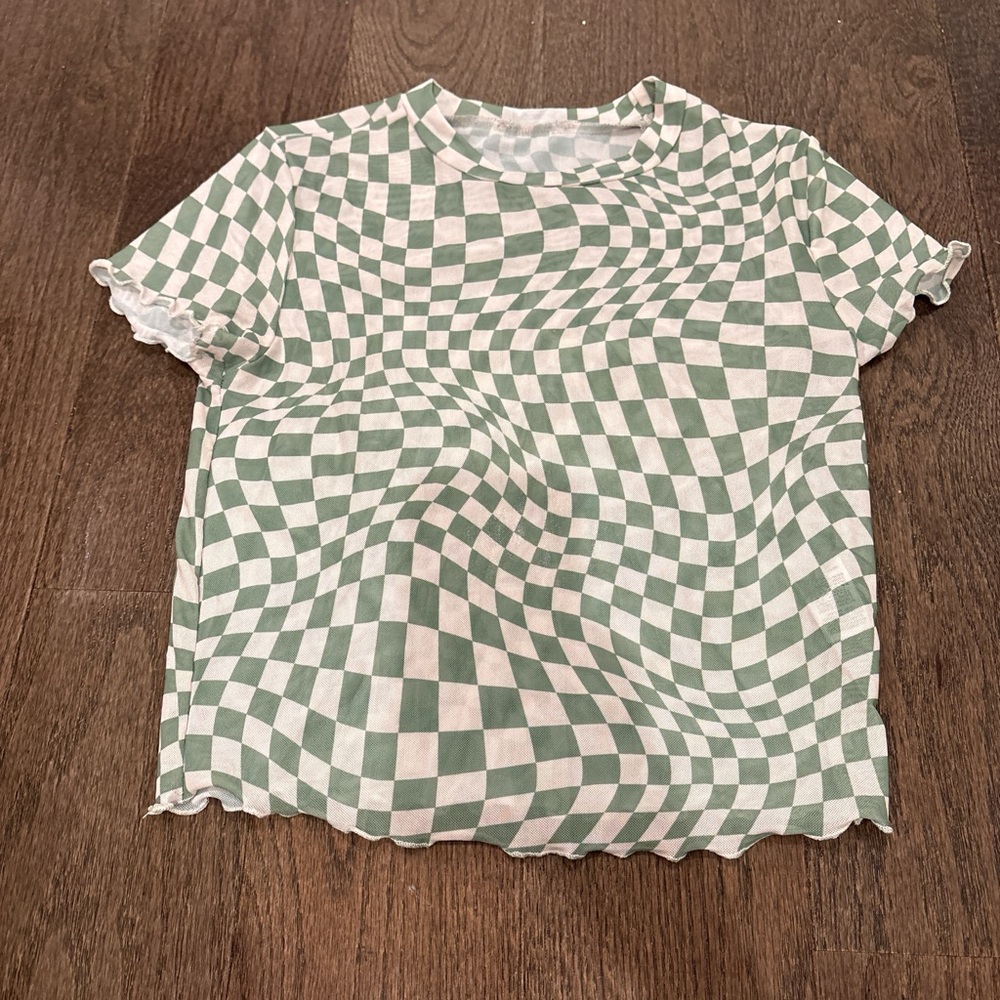 Ardene Mesh Green and White Checkered Tee
